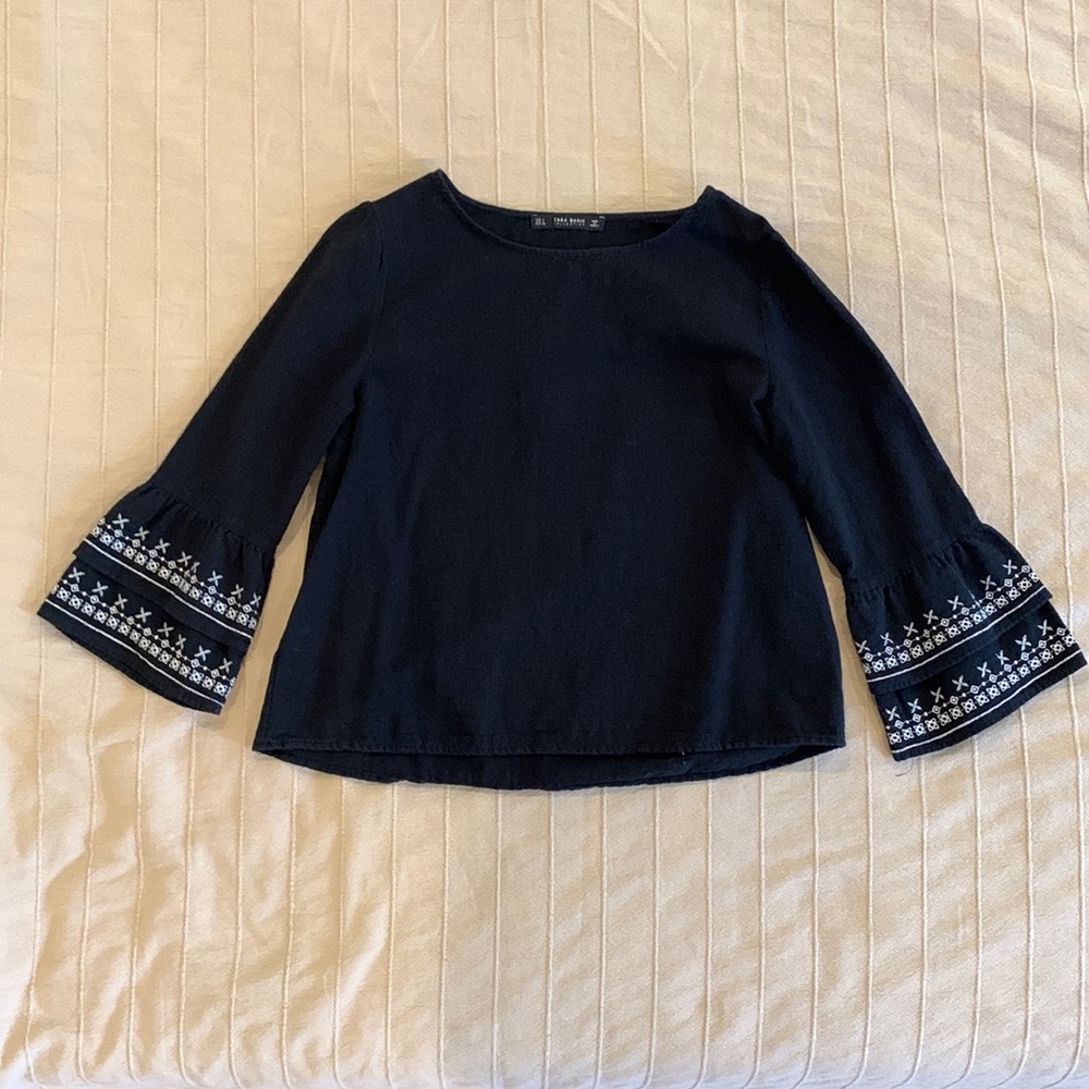 Black Zara Cotton top with white embroidered bell sleeves